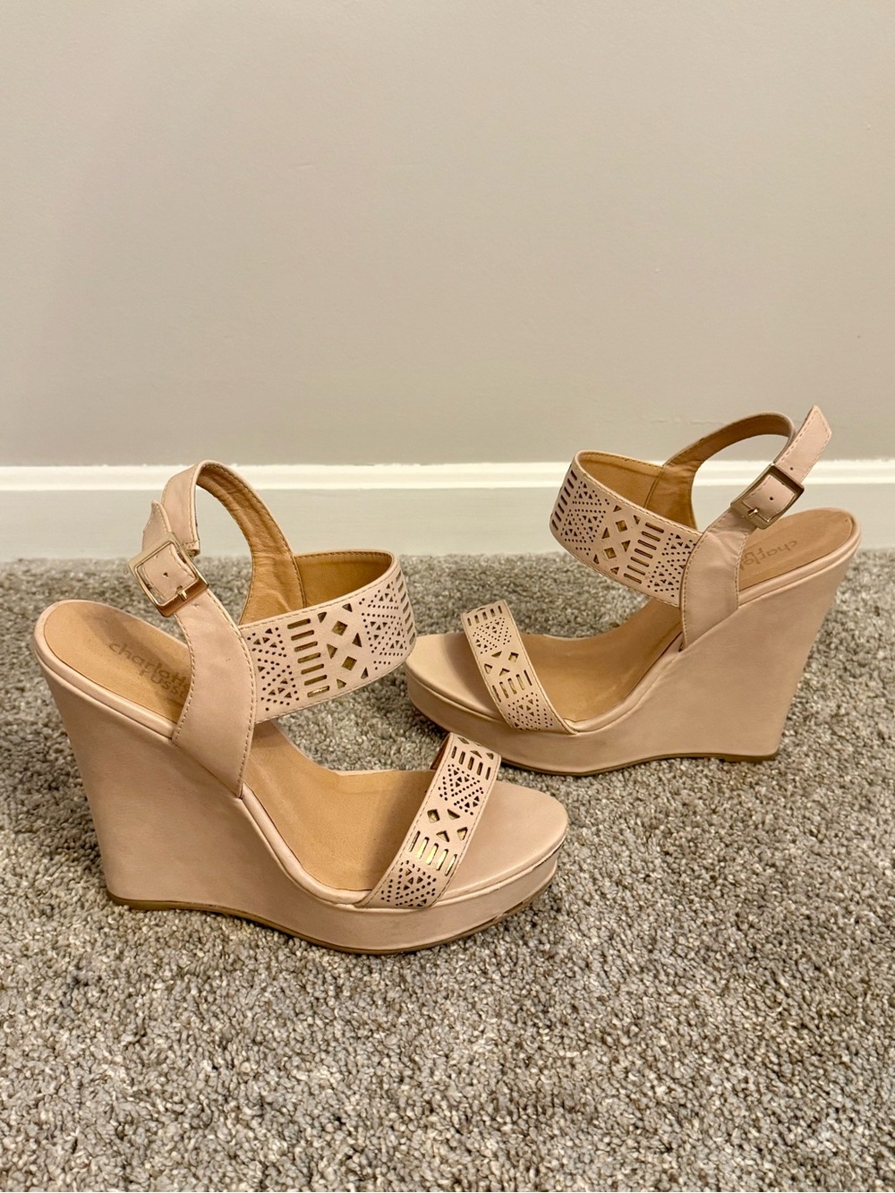 Charlotte Russe Nude Strappy Wedge Sandals, Laser-Cut with Gold Underlay, Size 8